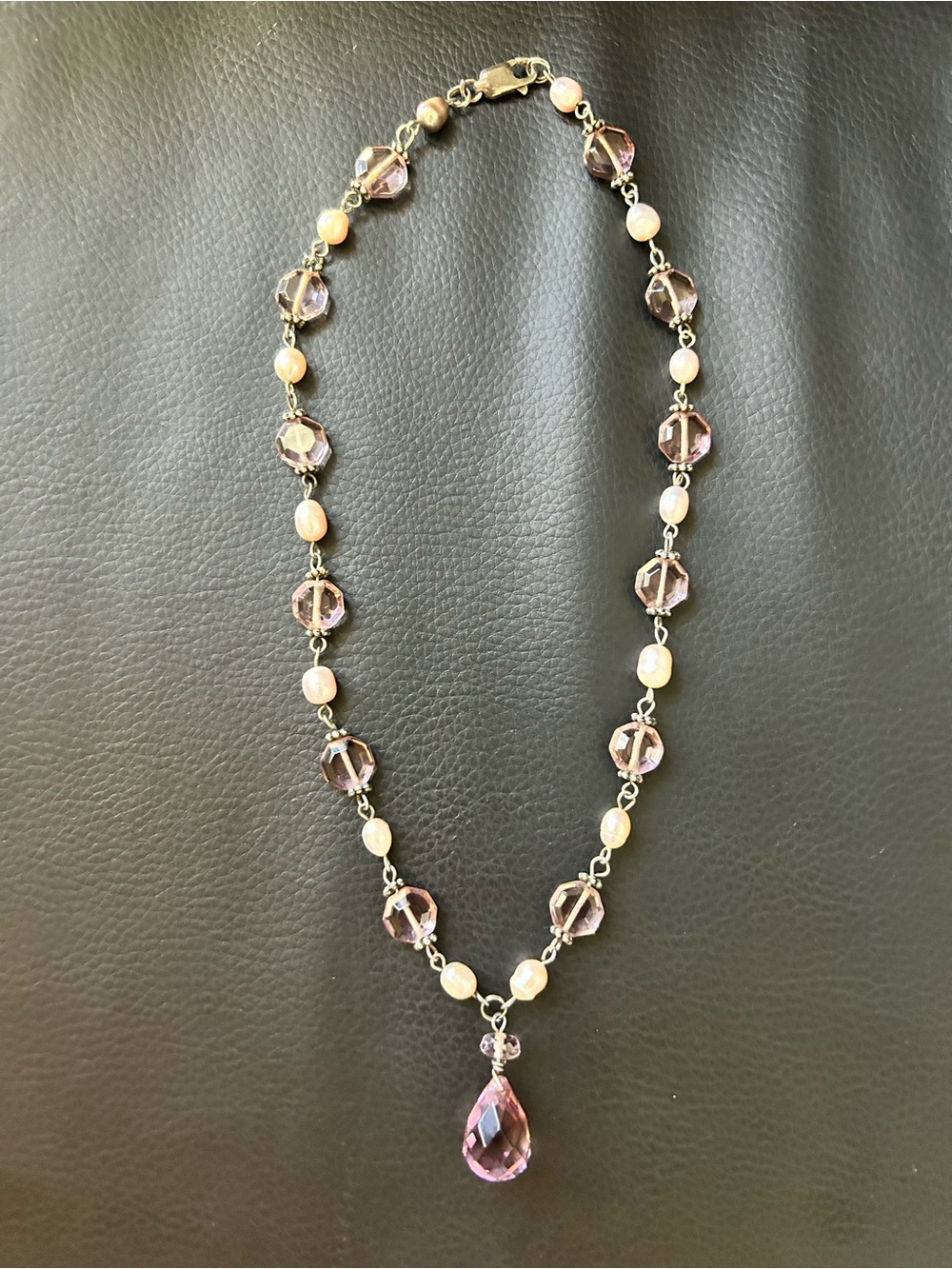 Vintage Handmade Sterling Silver Freshwater Pearl & Pink Bead Drop Necklace